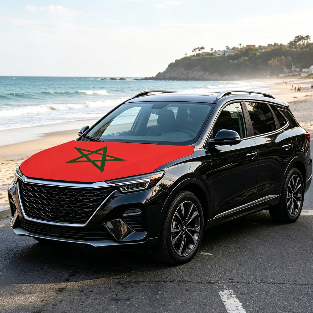 Car Accessories Banner - モロッコ国旗バナー車用ボンネットカバー、伸縮性のある生地のエンジンカバー、ストレッチ生地カバー、取り外し可能な自動車アクセサリー