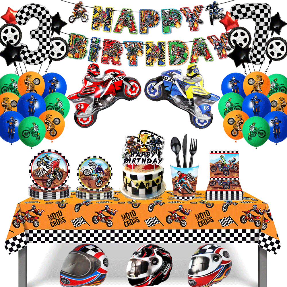 Car Accessories Banner - オートバイテーマハッピーバースデーバナープレートケーキトッパーヘルメットモトクロスバルーンダートバイク誕生日デコレーションパーティー用品