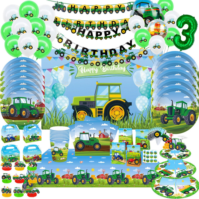 Car Accessories Banner - グリーンファームトラクターテーマ使い捨て食器紙コッププレート掘削機車両子供の誕生日バナーケーキトッパーパーティーの装飾