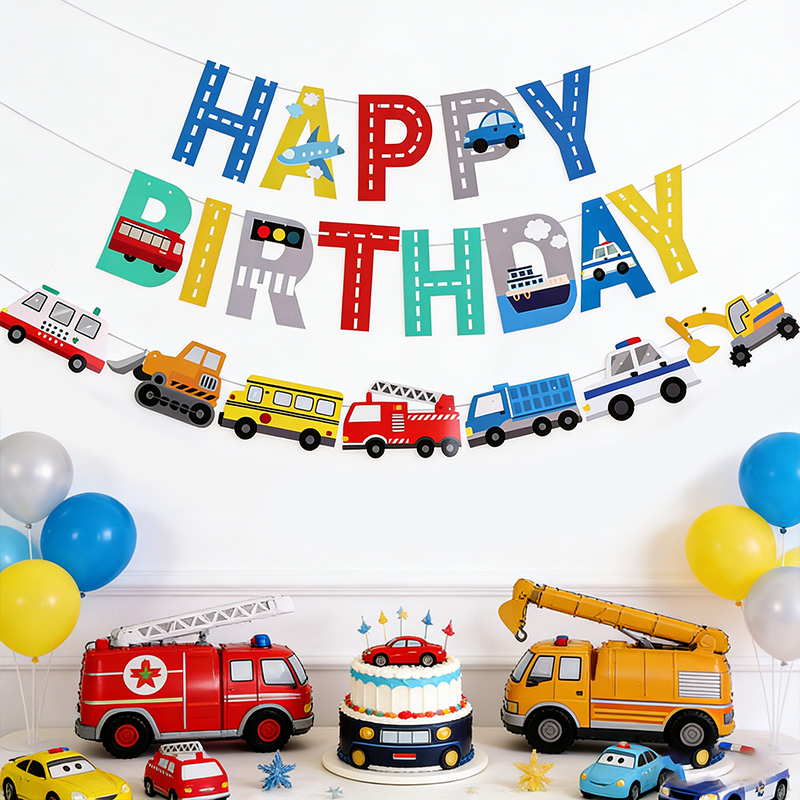 Car Accessories Banner - 漫画の車ハッピーバースデーバナー子供男の子建設車両ガーランド誕生日パーティーの装飾品ベビーシャワー用品