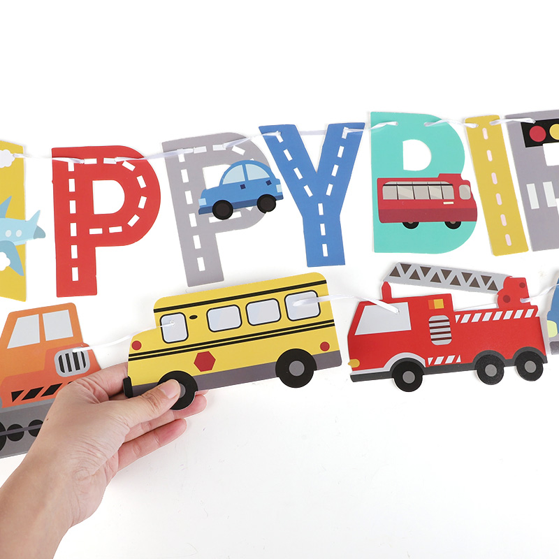 漫画の車ハッピーバースデーバナー子供男の子建設車両ガーランド - Car Accessories Banner のレビューと価格