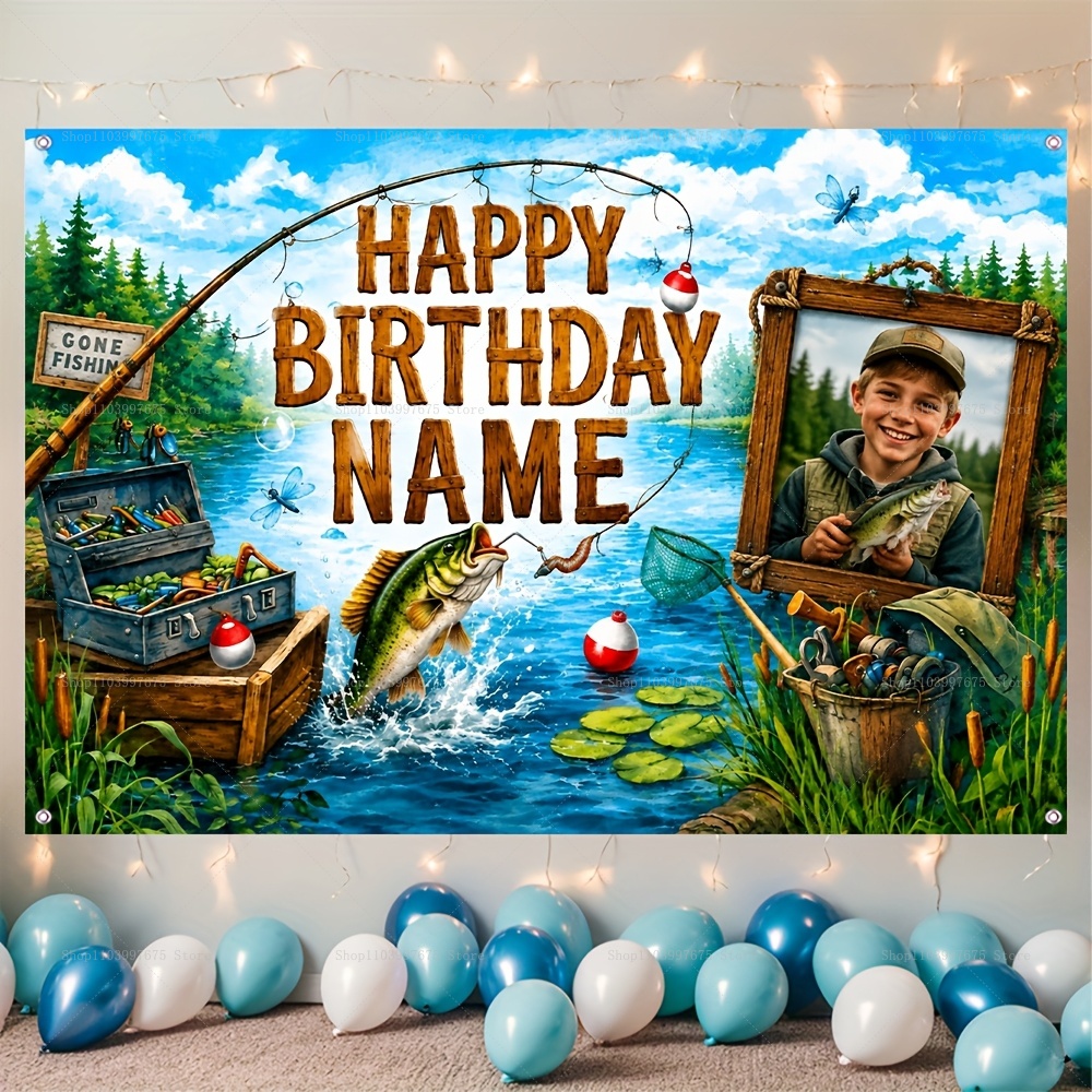 カスタム名写真釣りをテーマにした背景幕子供の誕生日「ゴーンフ - Car Accessories Banner のレビューと価格