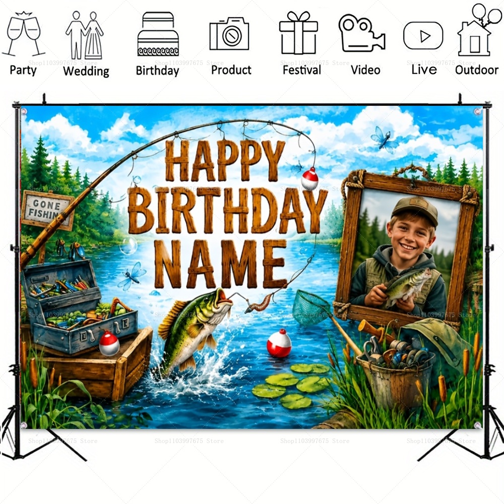 カスタム名写真釣りをテーマにした背景幕子供の誕生日「ゴーンフ - Car Accessories Banner のレビューと価格